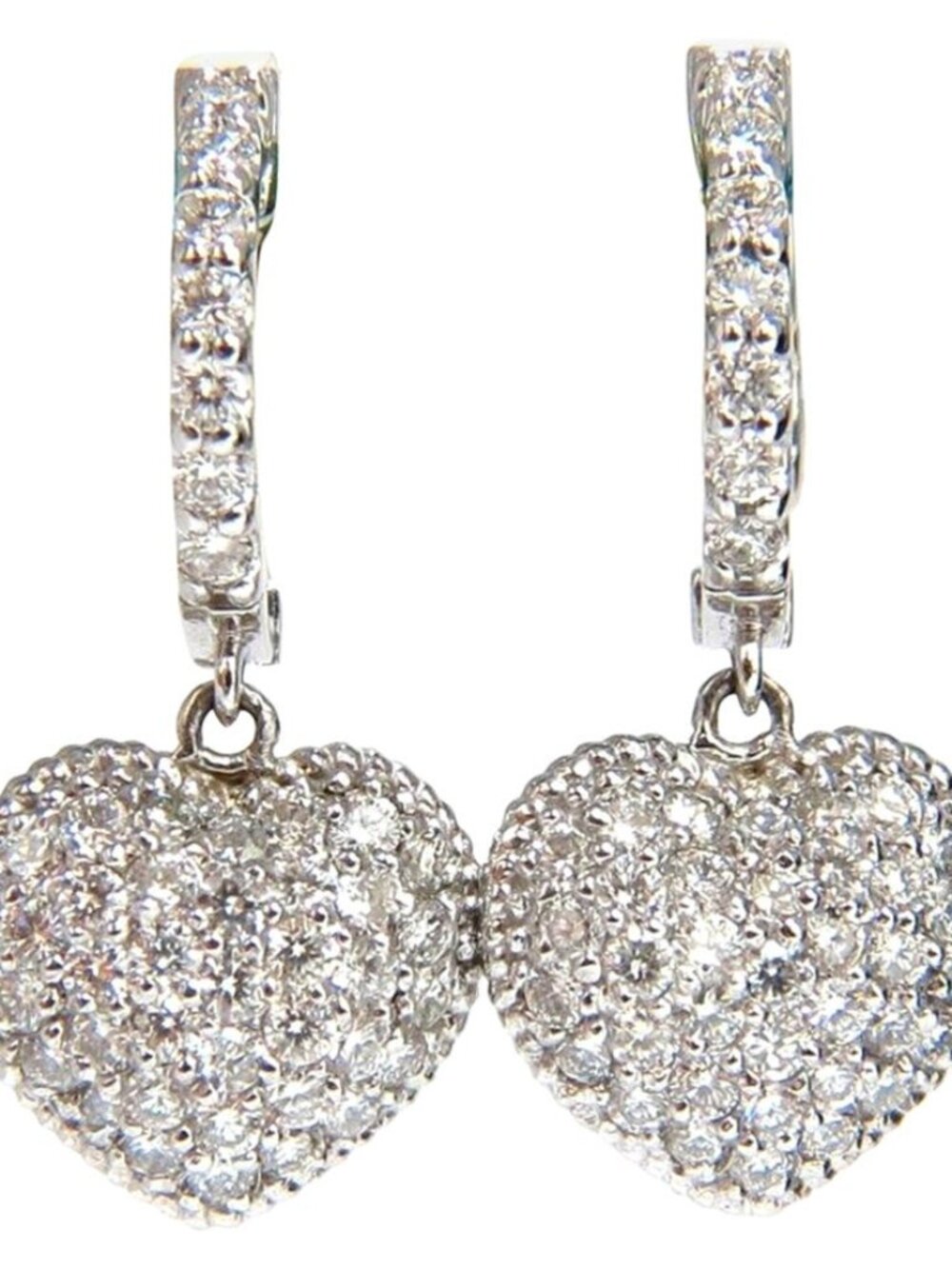 1.30ct dangling hearts on hoop diamonds earrings 14kt g/vs locking lever*